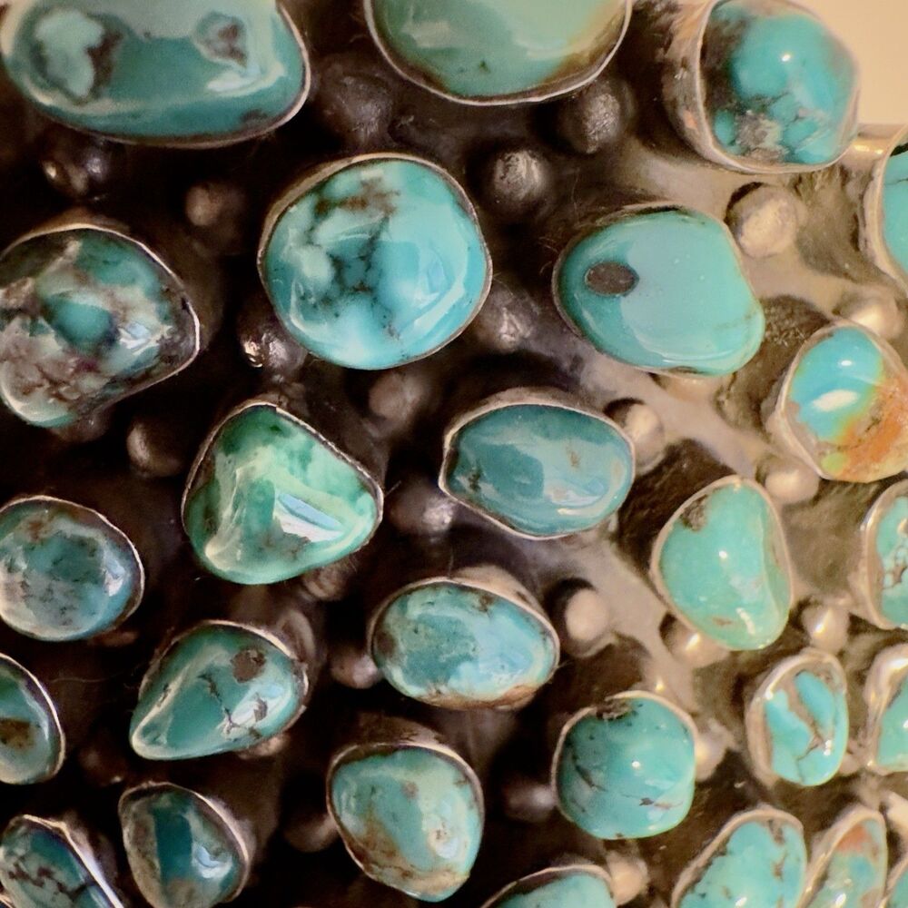 Signed Huge Navajo Sterling Silver Turquoise Cluster Bracelet 152 Grams Museum - Picture 10 of 14